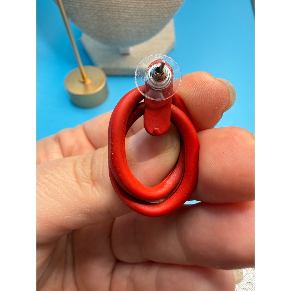 Red Matte Interlocking Double Hoop Drop Earrings Geometric Statement Post Back - Picture 3 of 4